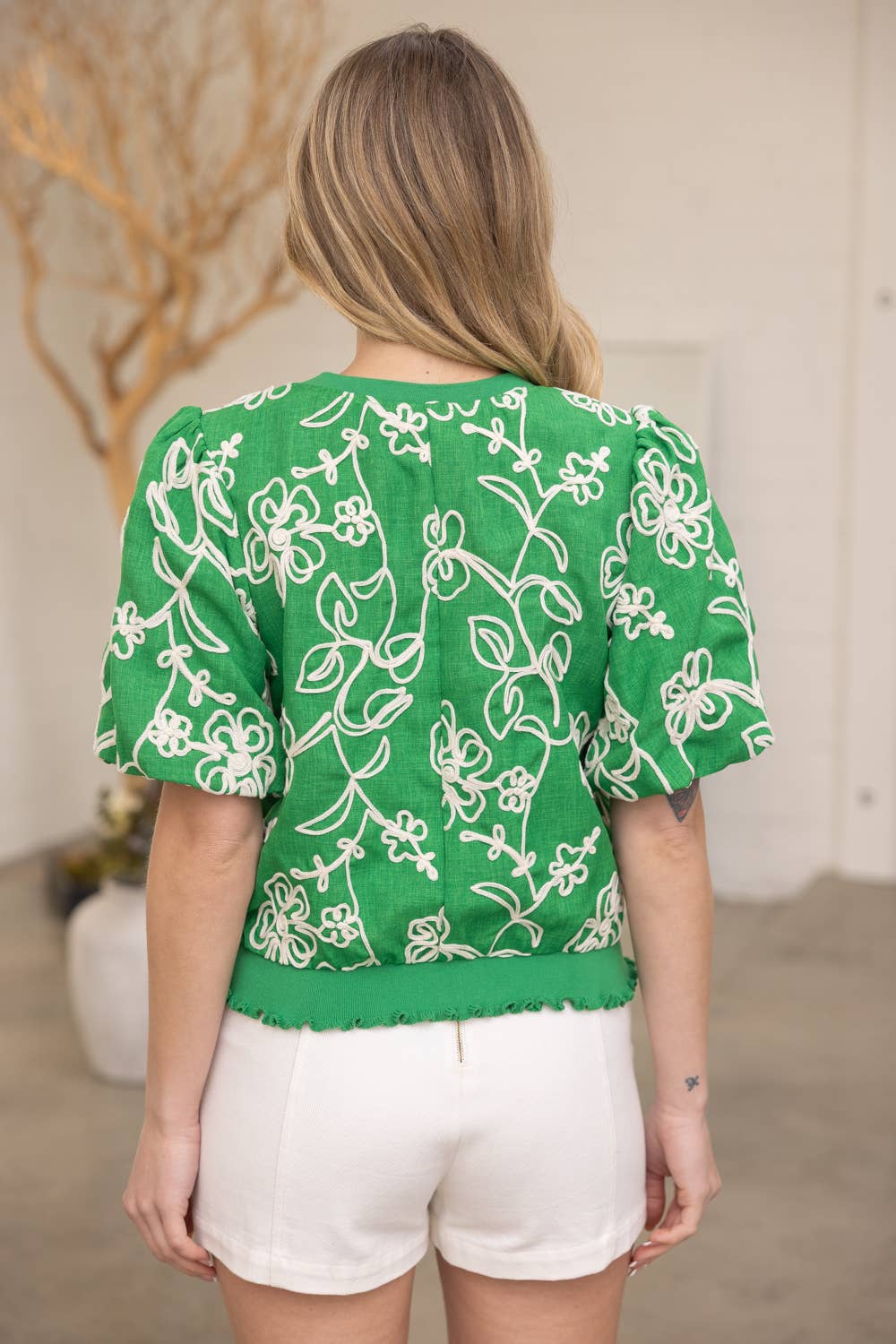 Floral Embroidered Bubble Sleeve Top