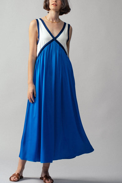 Cobalt Blue Contrast Piping Empire Waist Maxi Dress