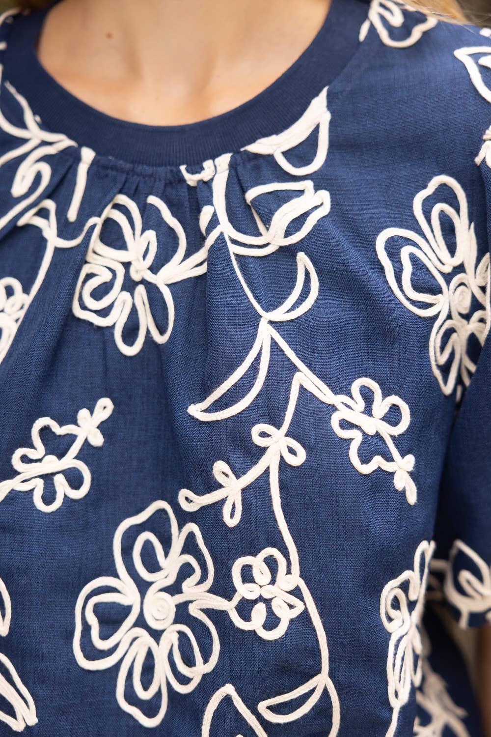 Navy blue fabric with white floral patterns