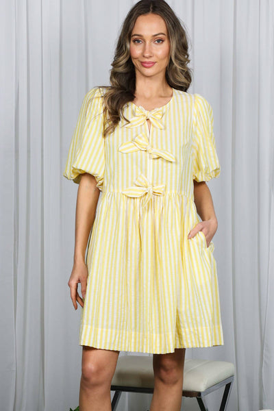 Bow Tie Front Striped Baby Doll Mini Dress VD82683