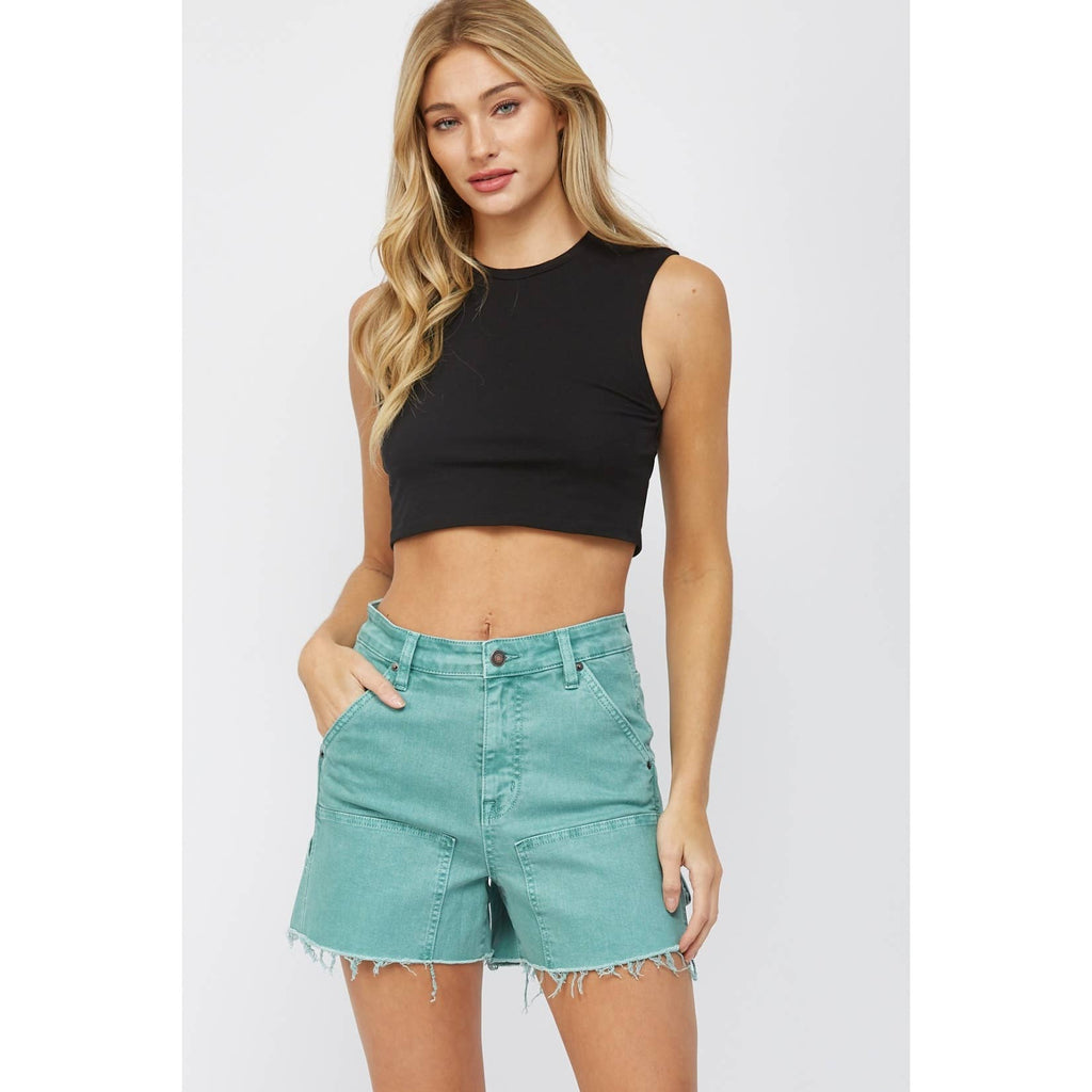 Teal Denim High Rise Carpenter Shorts