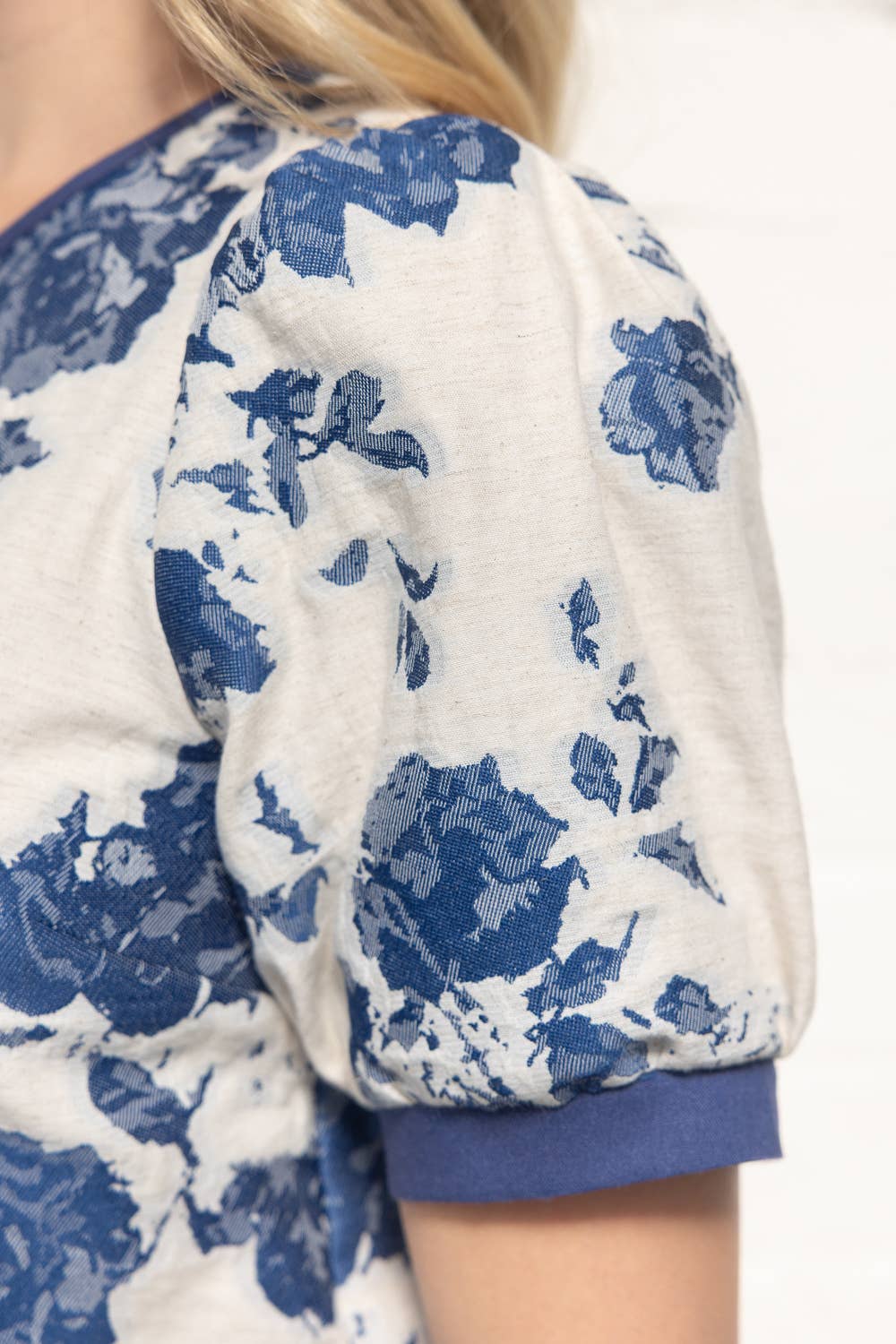 Blue Floral Jacquard Short Sleeve Top