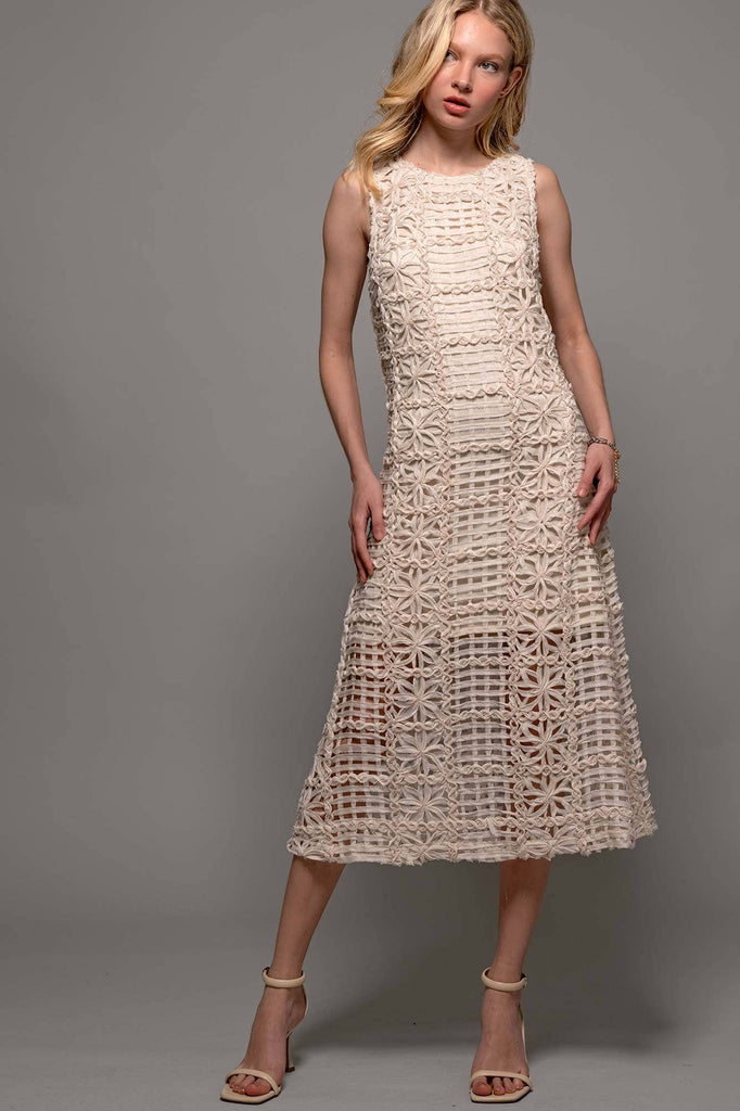 Ivory Intricate Floral Sleeveless Midi Dress