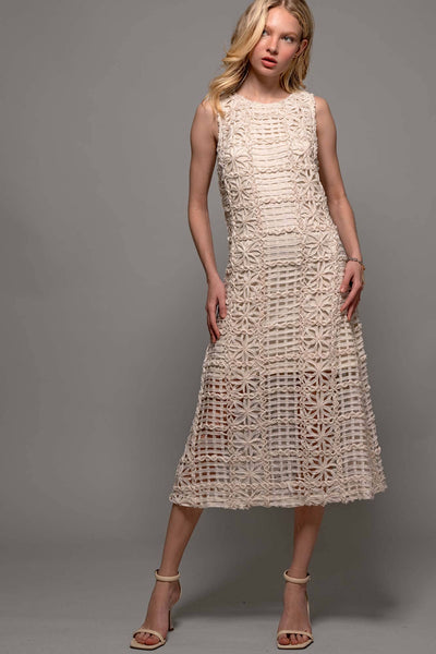 Ivory Intricate Floral Sleeveless Midi Dress