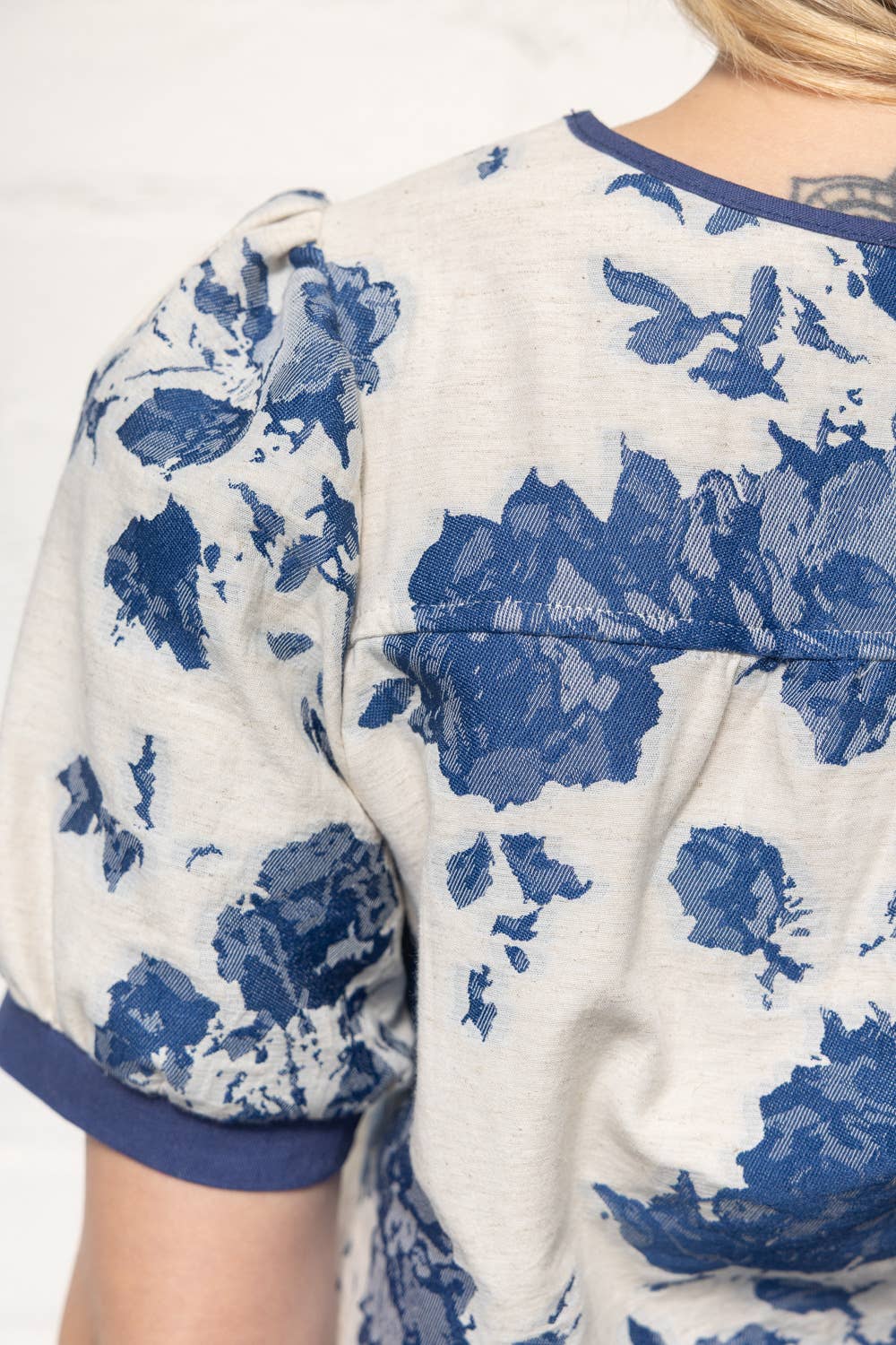 Blue Floral Jacquard Short Sleeve Top