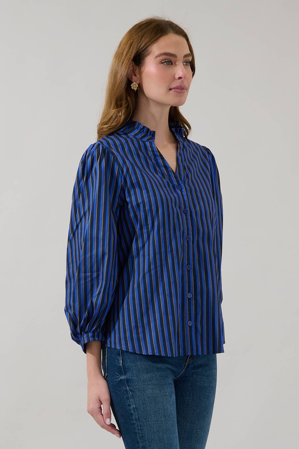 Navy Brown Striped Ruffle Button-Up Blouse