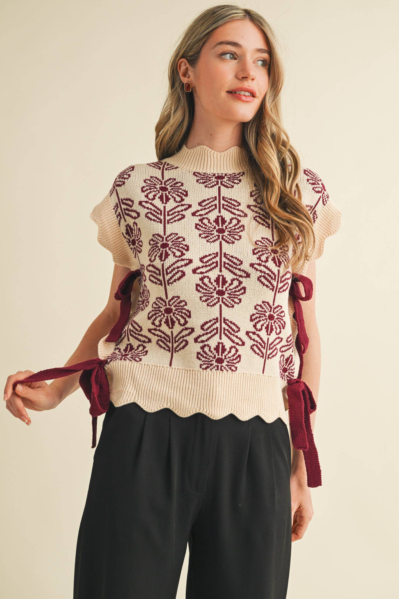 Mock Neck Burgundy Floral Sweater Vest