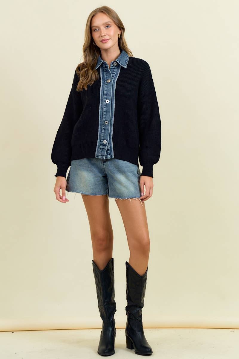 Black Rib Cardigan Sweater with Denim Contrast