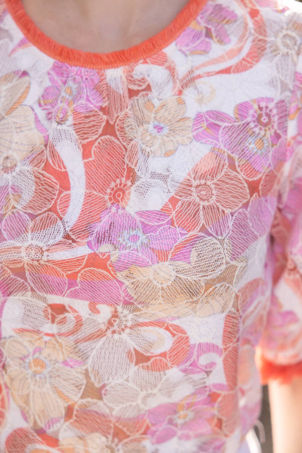 Coral Floral Embroidery Printed Lace with Fringe Top