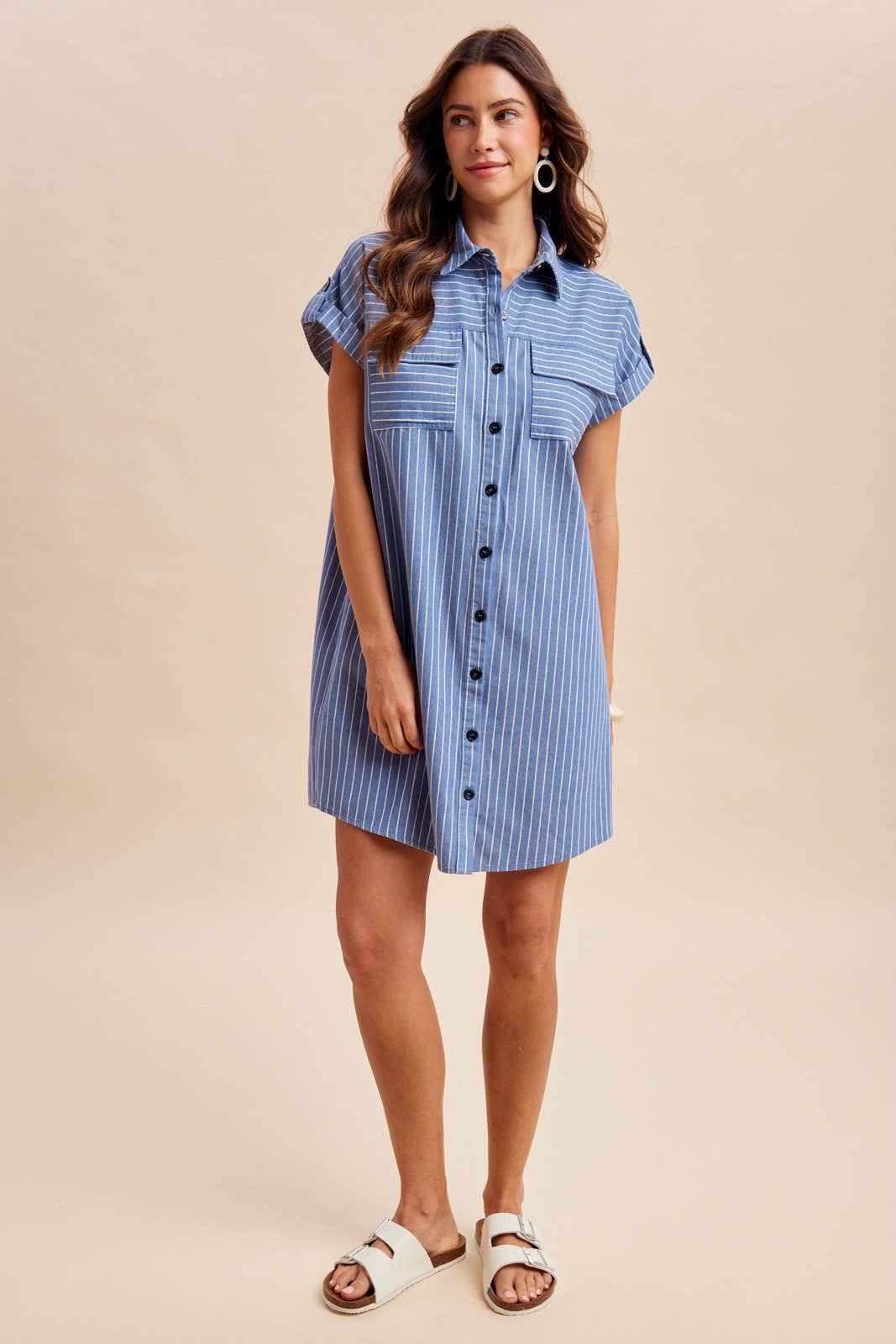 Striped Chambray Button-Down Mini Shirt Dress