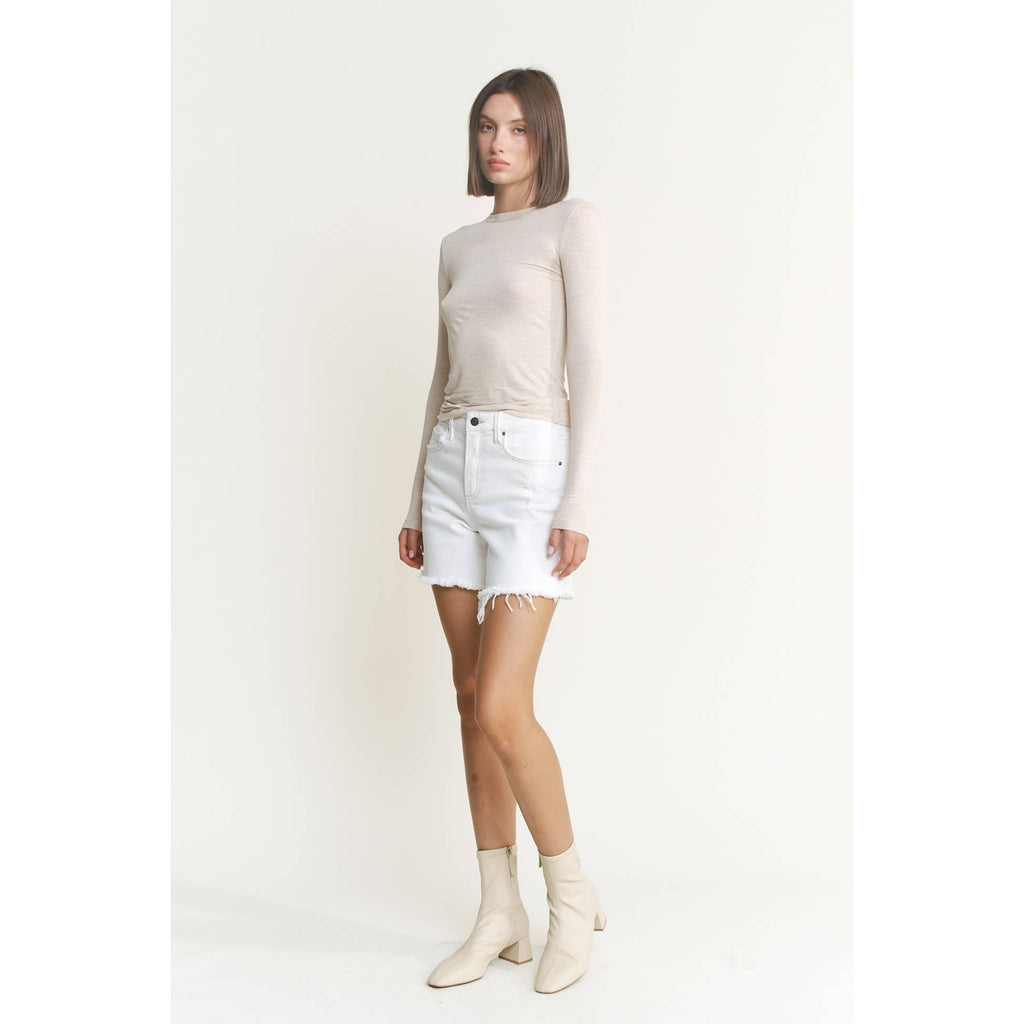 White Denim High Rise Raw Hem Shorts