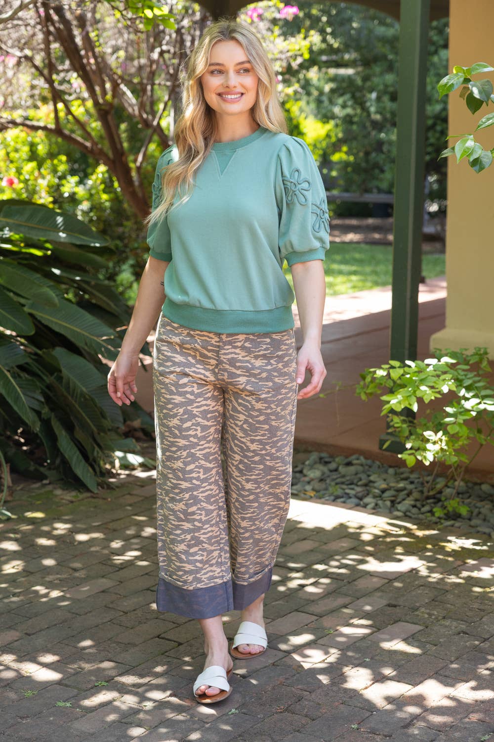 Floral Embroidered Sleeve French Terry Top