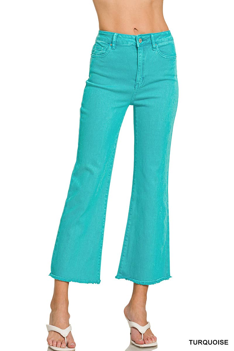 Acid Washed High Waist Frayed Hem Bootcut Pants