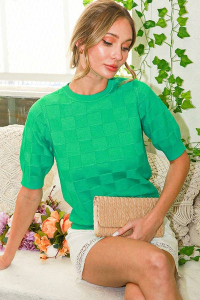 Round Neck Checkered Textured Knitted Sweater