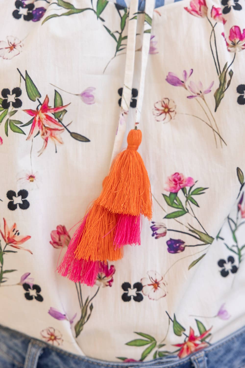 Floral And Stripe Mixed Tassle Front Top