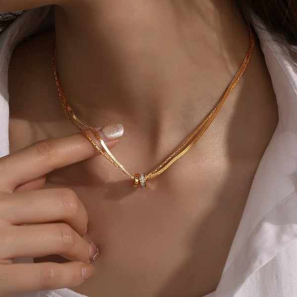 18K Gold Double Layer Rhinestone Circle Pendant Necklace