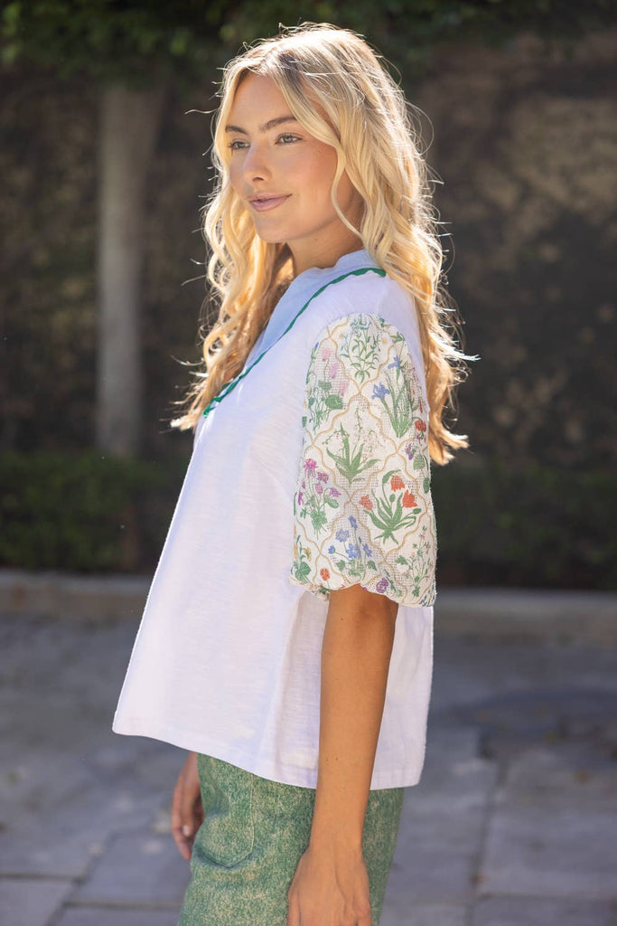 White Floral Bubble Sleeve Mixed-Media Knit Top