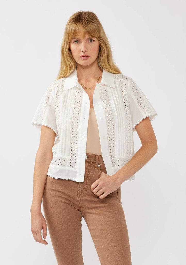 White Floral Eyelet Lace-Trim Cotton Shirt