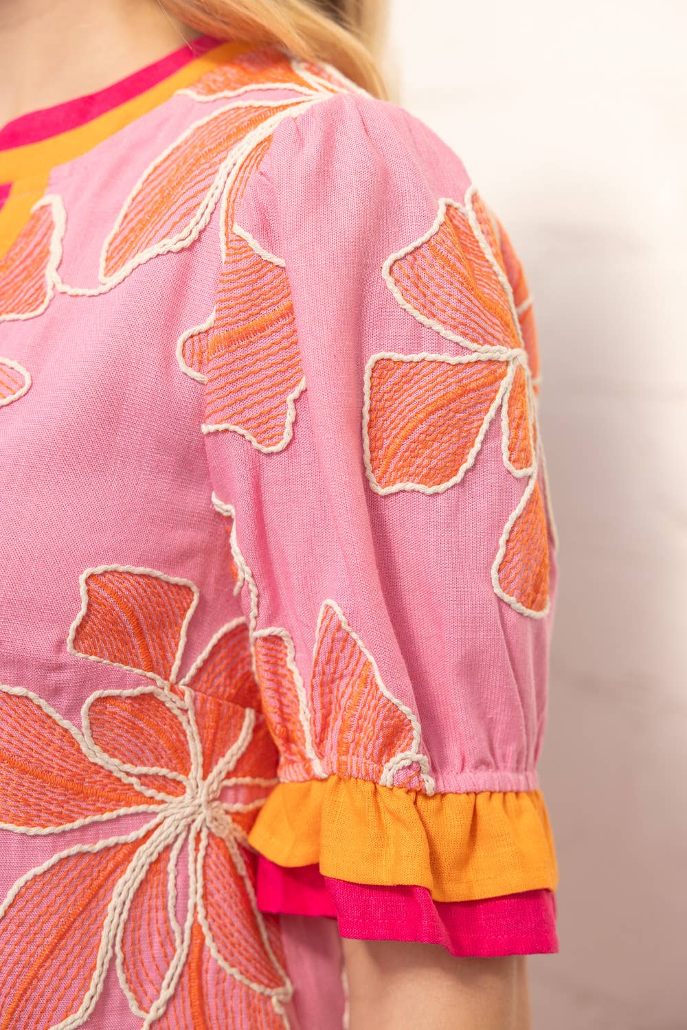 Pink Ruffled Floral Embroidered Dress