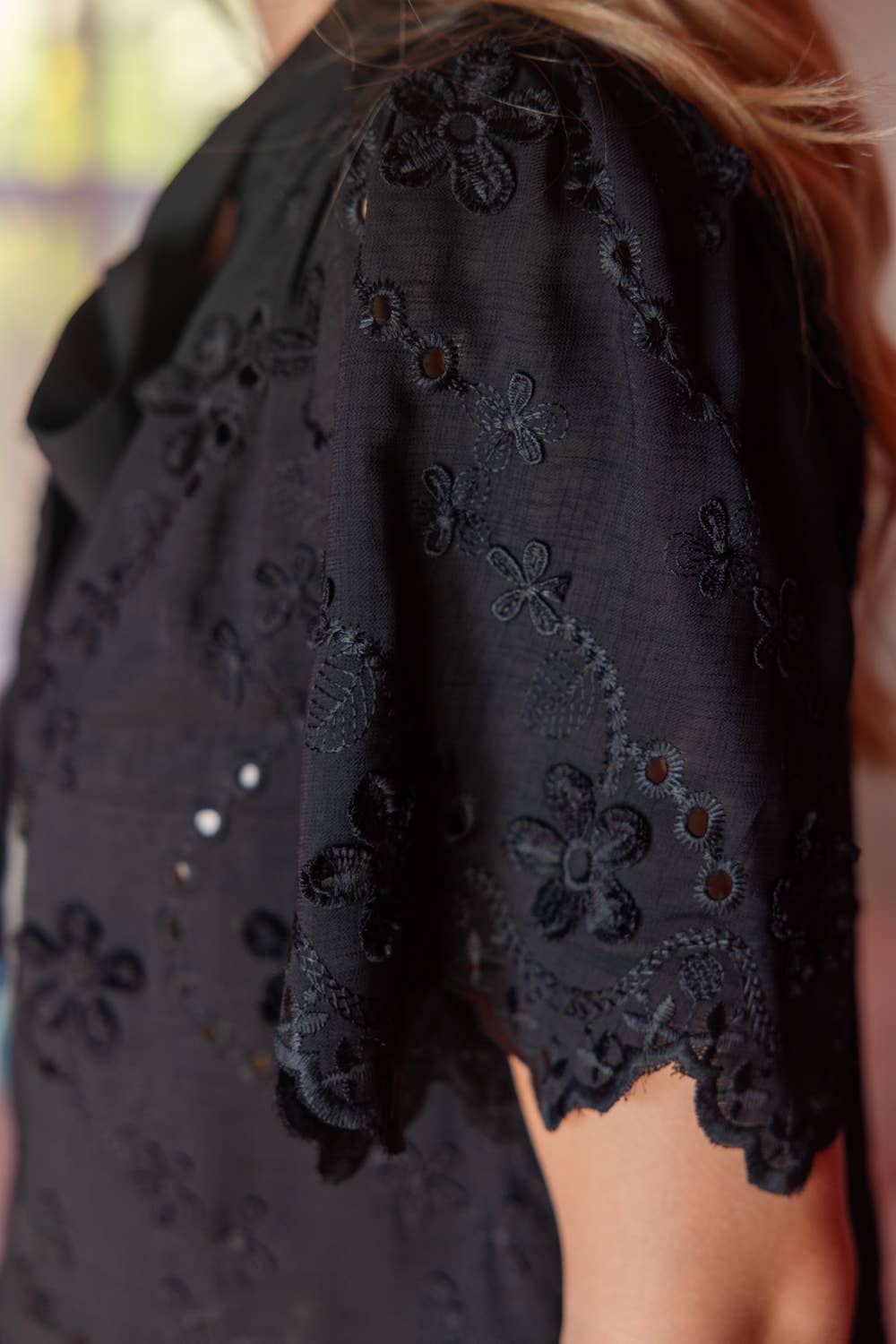 Self Tie Floral Eyelet Scallop Detailed Top