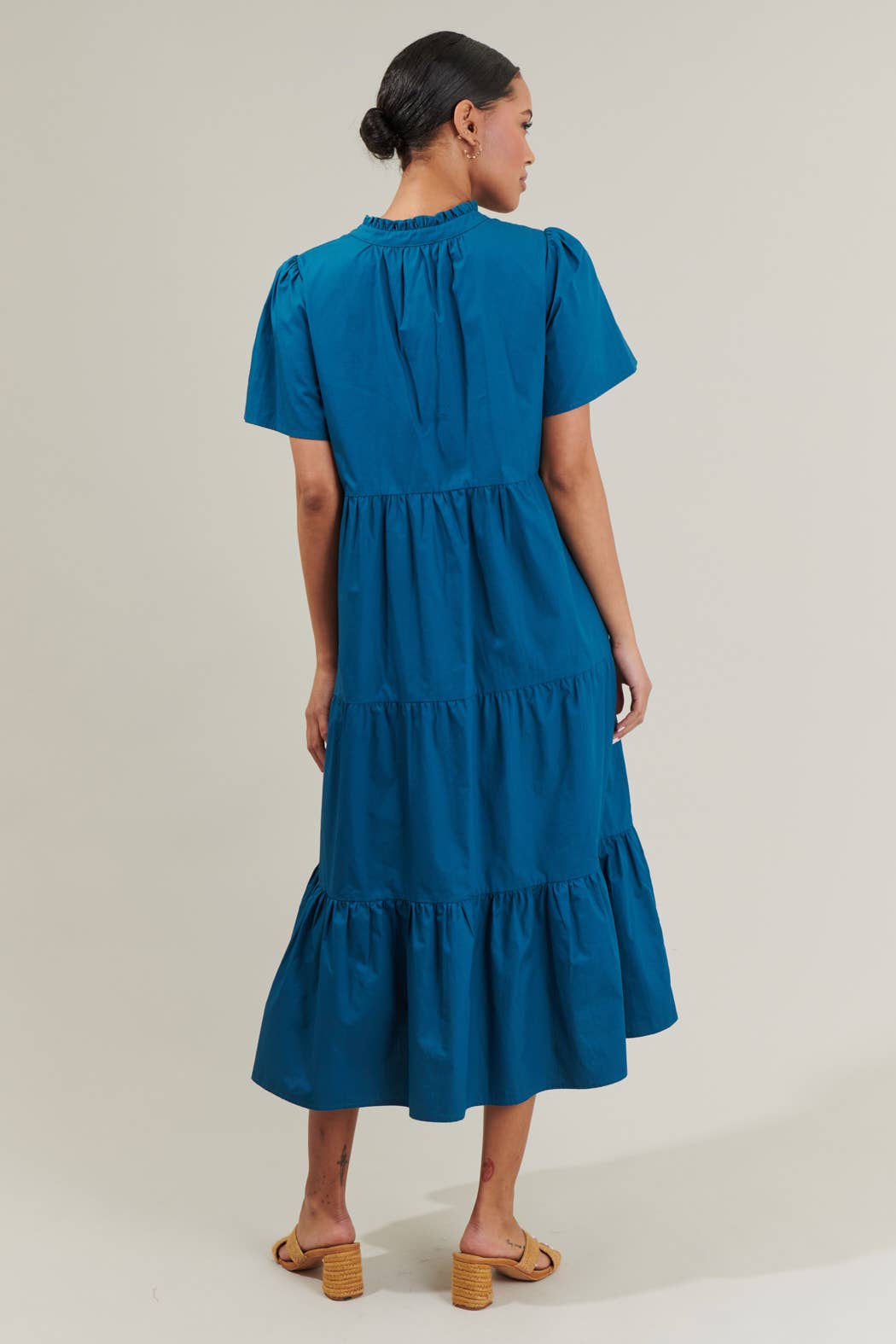 Teal Cotton Tiered Midi Dress with Pockets