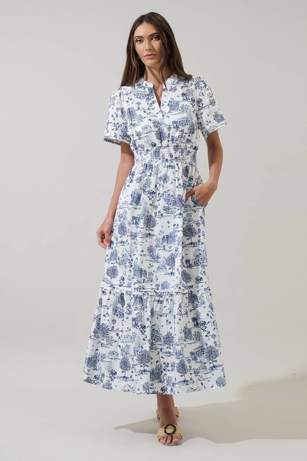 Navy Blue White Toile Poplin Maxi Dress