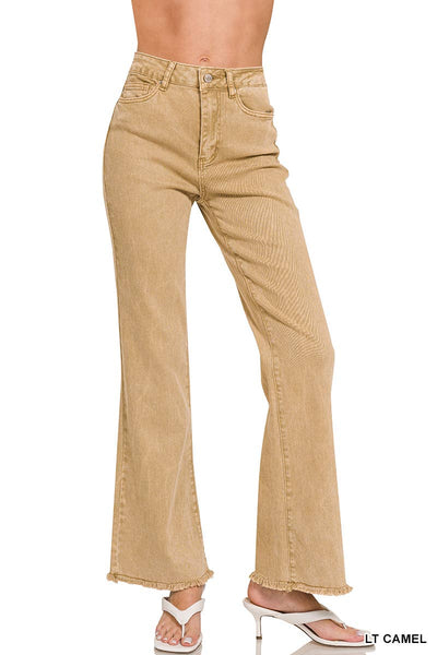 Camel Acid Wash Frayed Hem Jeans