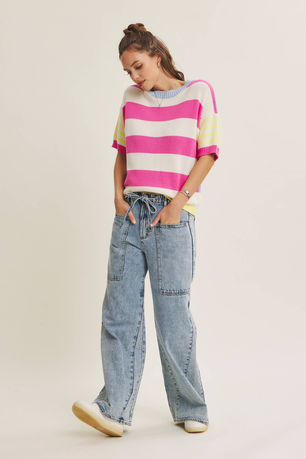 Multi Stripe Short Sleeve Sweater