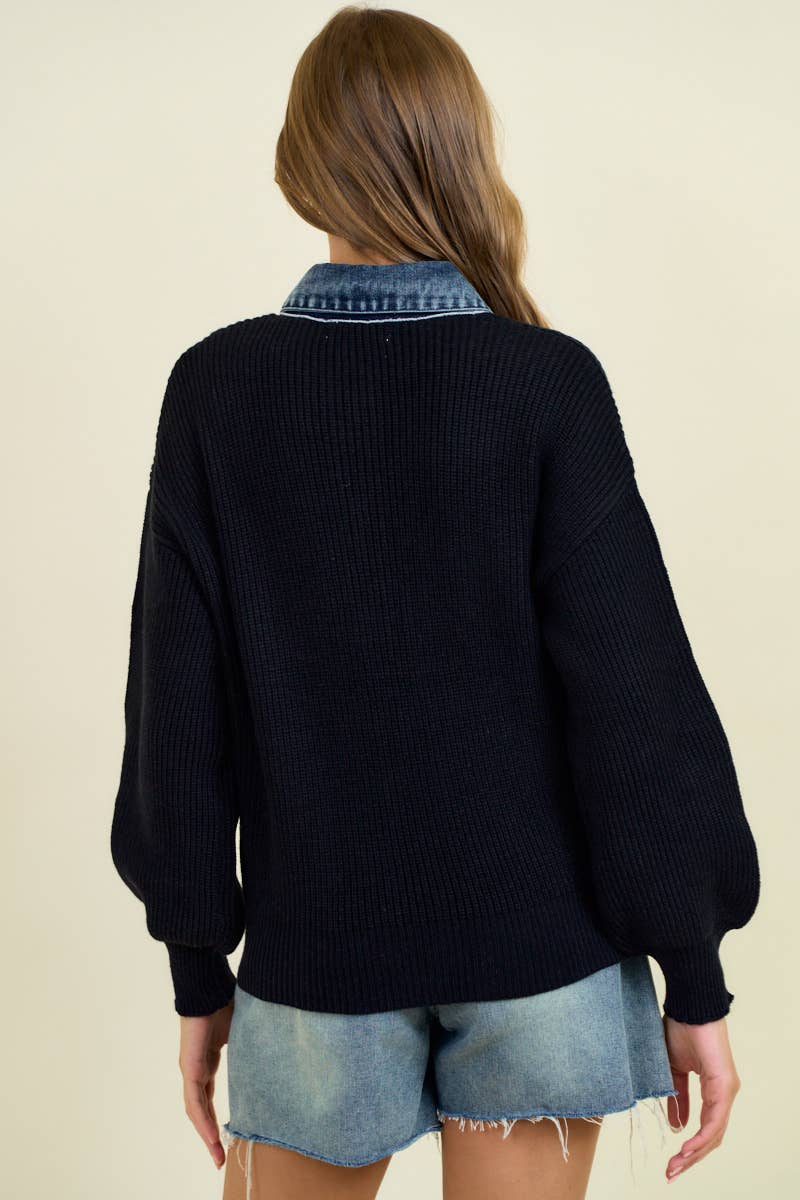 Black Rib Cardigan Sweater with Denim Contrast