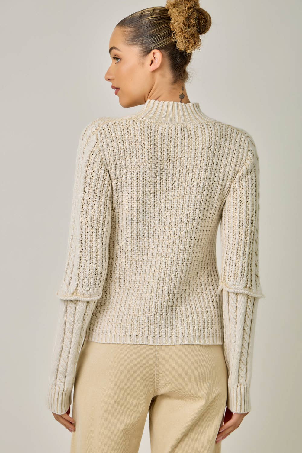 Washed Cable Knit Mock Neck Sweater