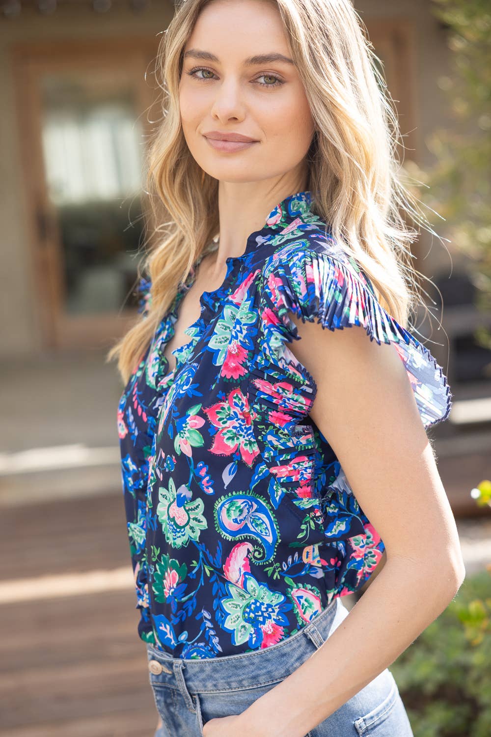 Navy Paisley Floral Pleated Cap Sleeve Top