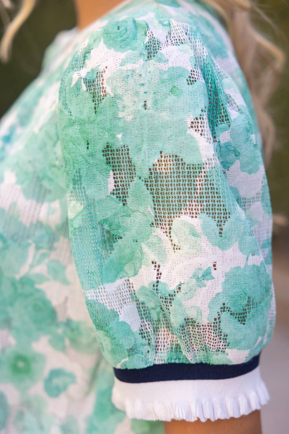 Mint Floral Textured Puff Sleeve Top
