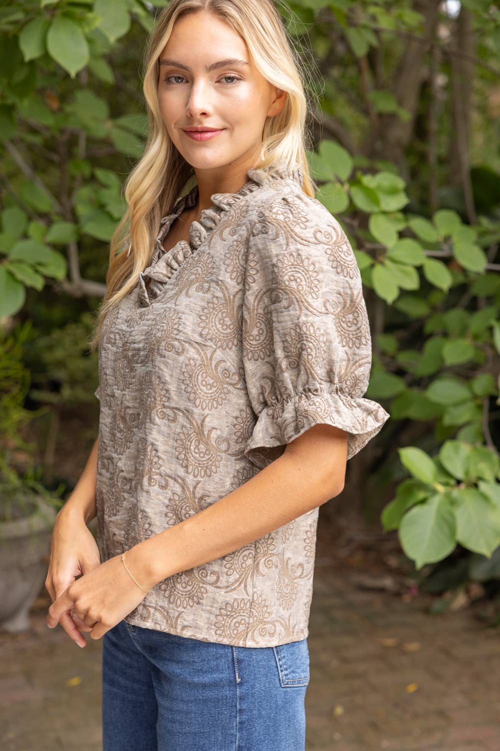 Ruffled V-Neck Jacquard Puff Sleeve Top