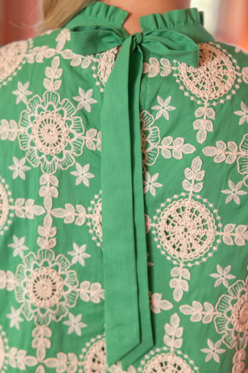 Embroidered Ruffle Sleeve Back Ribbon Tie Dress