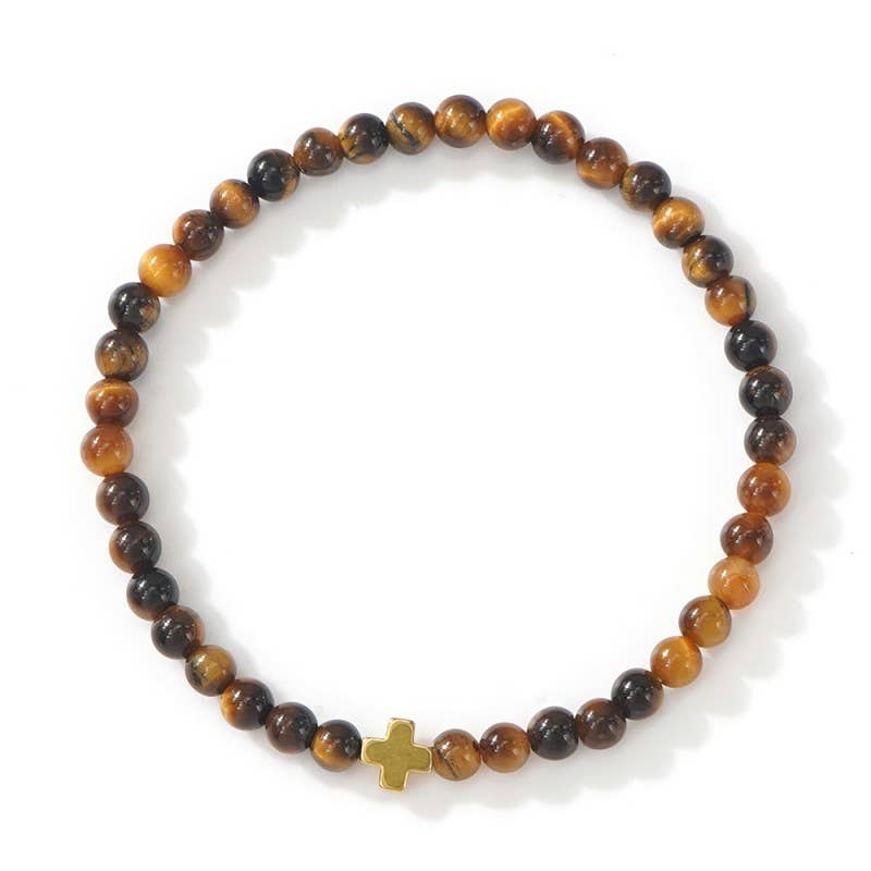 Natural Stone Cross Beaded Stretch Bracelet