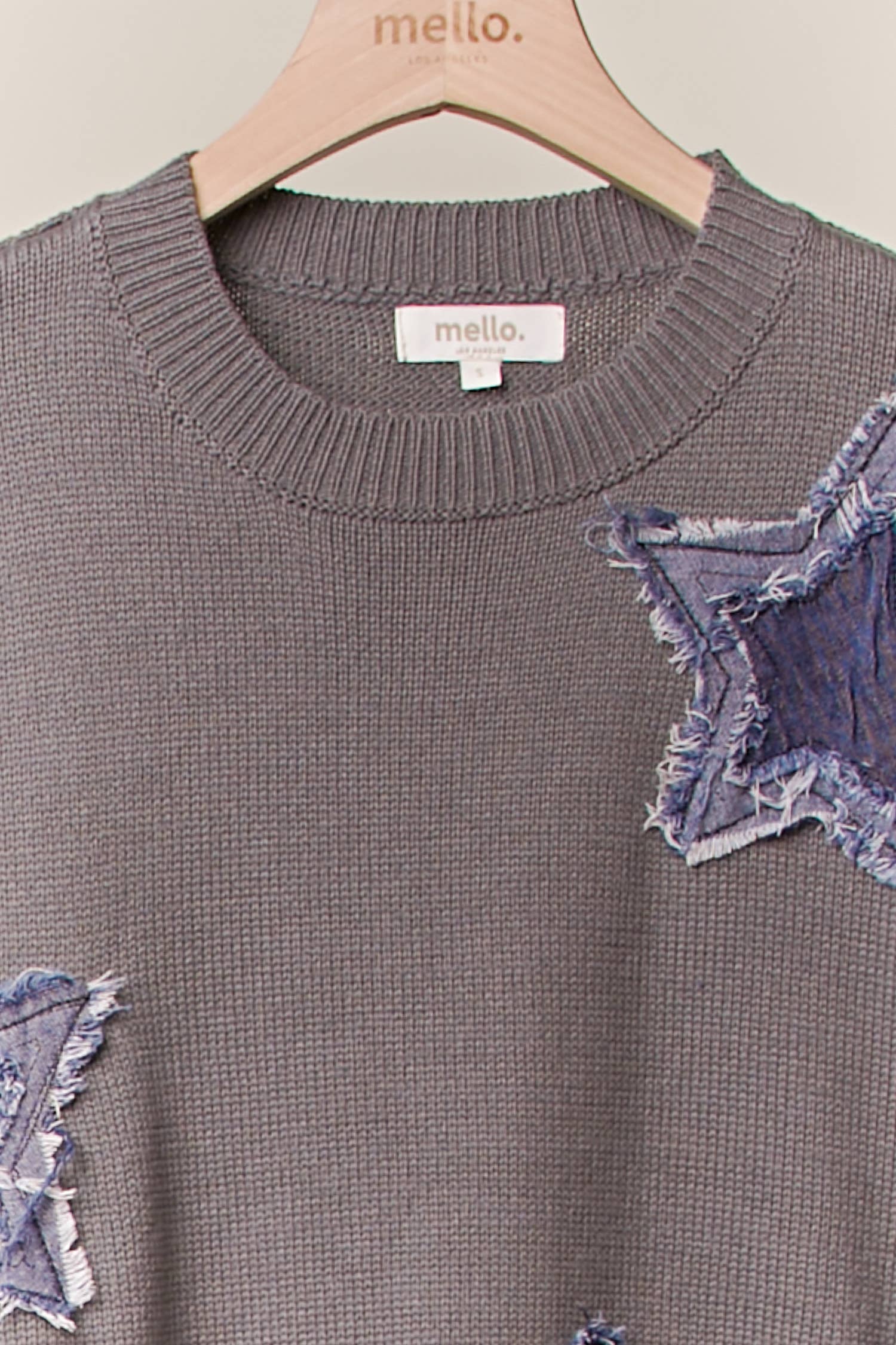 Grey Distressed Star Patch Knit Sweater