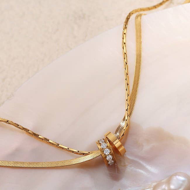 18K Gold Double Layer Rhinestone Circle Pendant Necklace