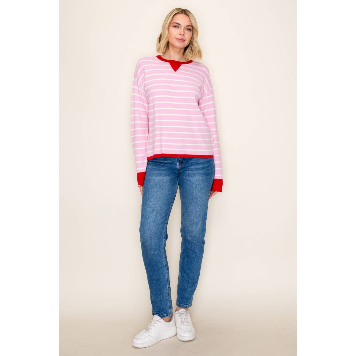 Pink White Color Contrast Striped Sweater