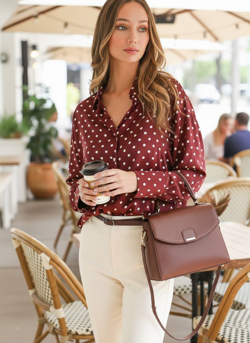 Polka Dot Long Sleeve Satin Top