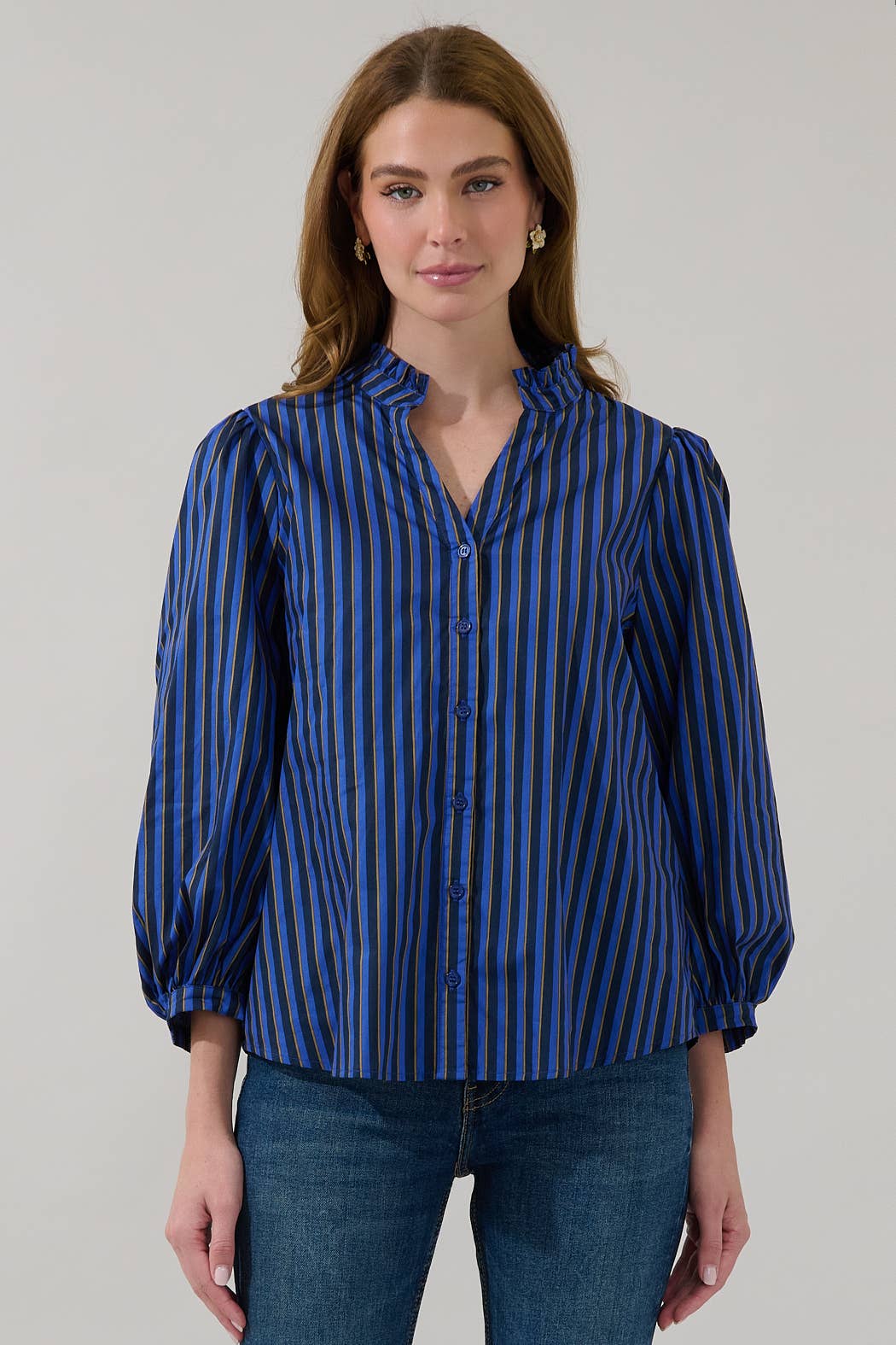 Navy Brown Striped Ruffle Button-Up Blouse
