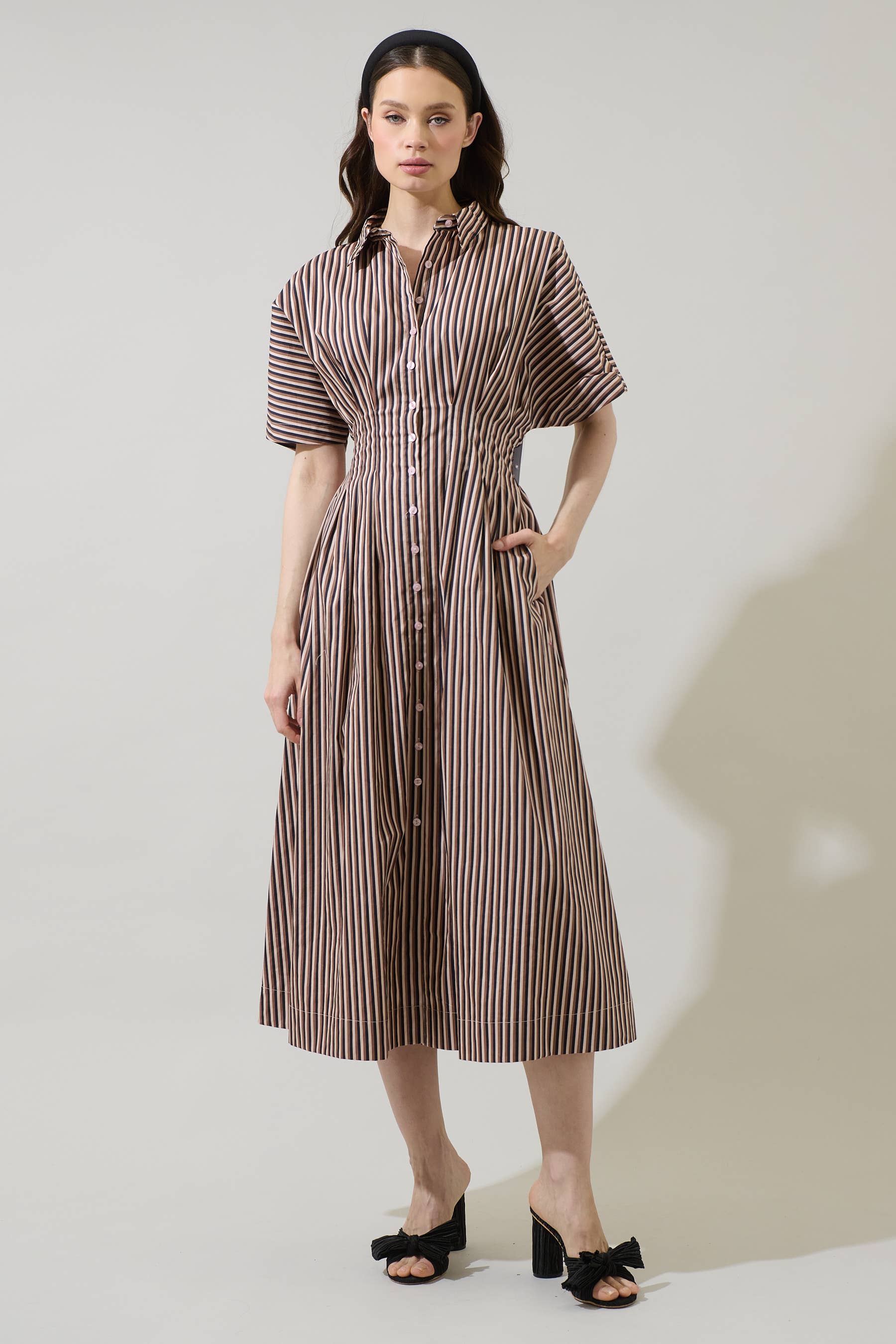 Brown Multi Striped Pleated Cotton Midi Dress with Pockets