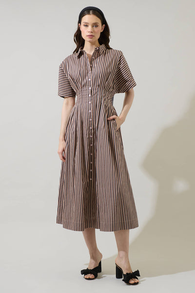 Brown Multi Striped Pleated Cotton Midi Dress with Pockets