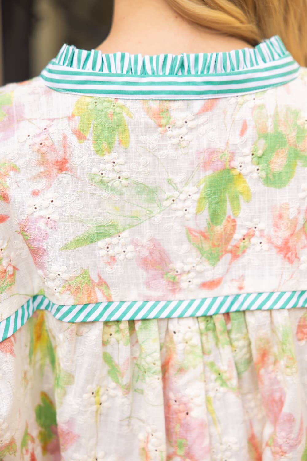 Green Floral Embroidered Stripe Contrast Button-Down Top