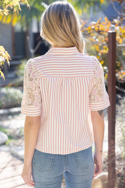 Collared V-Neck Stripe & Lace Mixed Fabric Top