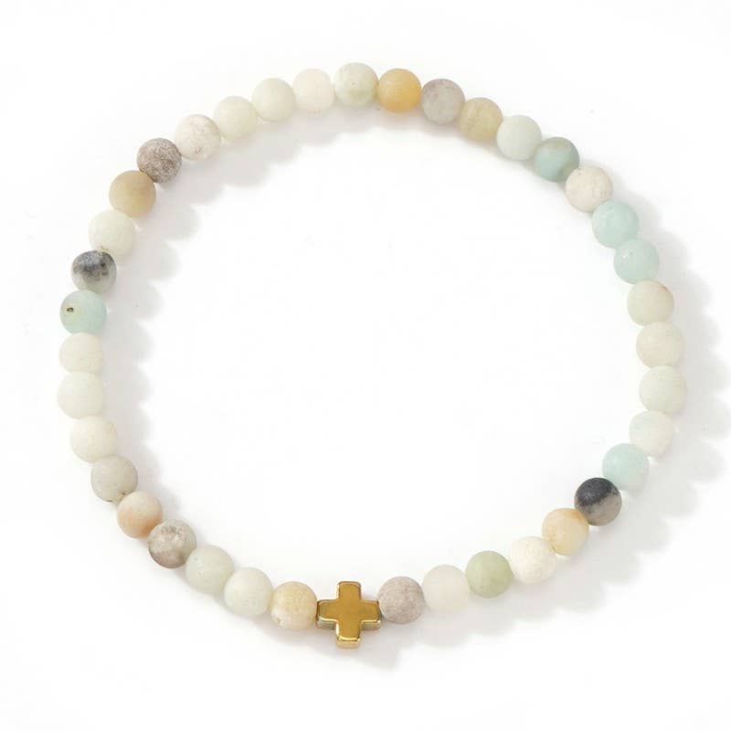 Natural Stone Cross Beaded Stretch Bracelet
