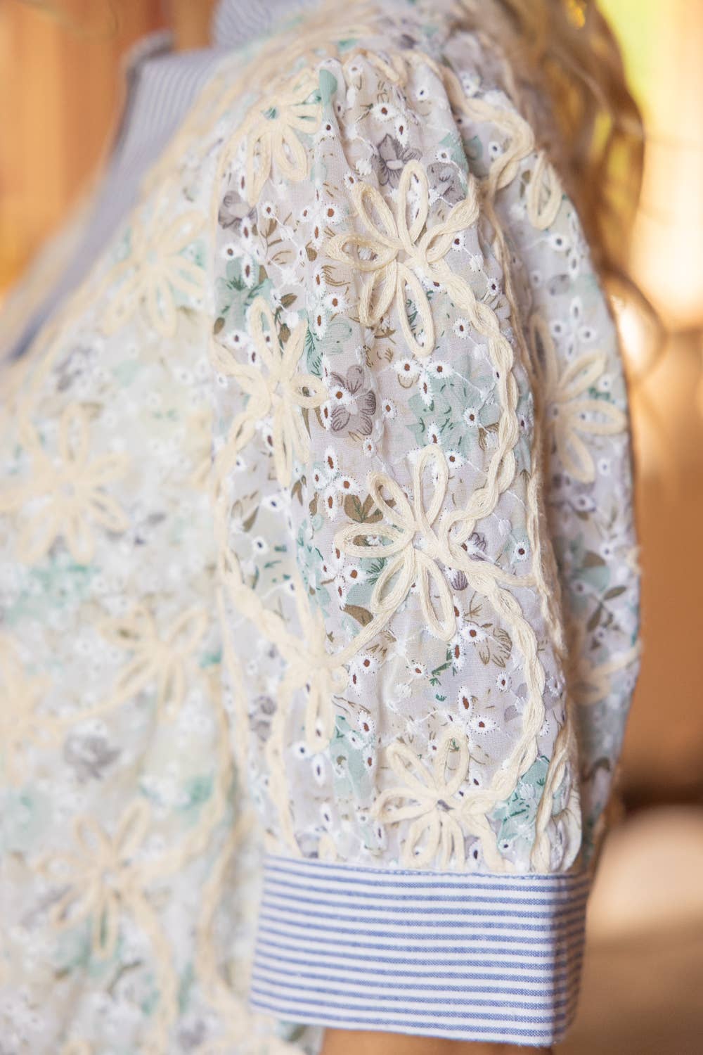 Stripe Contrast Floral Embroidered Top – Cream