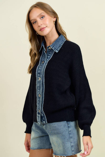 Black Rib Cardigan Sweater with Denim Contrast