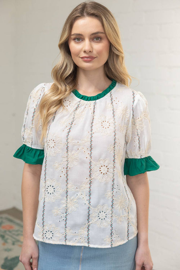 Ruffled Detail Floral Eyelet Embroidered Top
