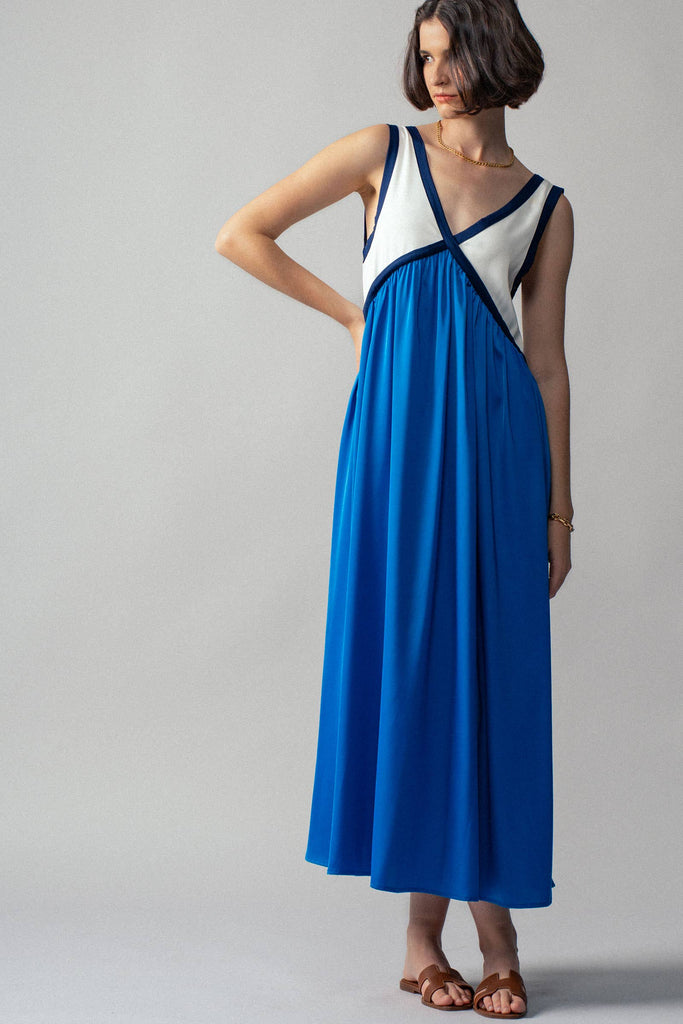 Cobalt Blue Contrast Piping Empire Waist Maxi Dress