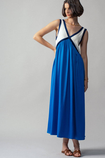 Cobalt Blue Contrast Piping Empire Waist Maxi Dress